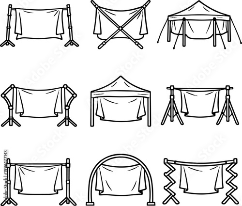 Set of various fabric draped display stands and canopies for exhibition and event design