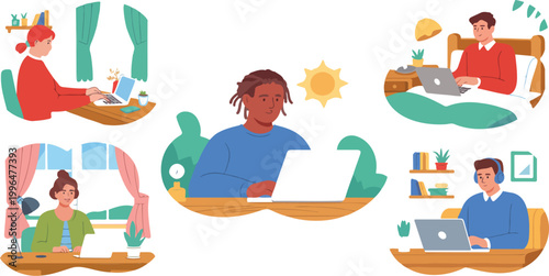 Diverse People Working Remotely from Home Work From Home Concept Flat Vector Illustration
