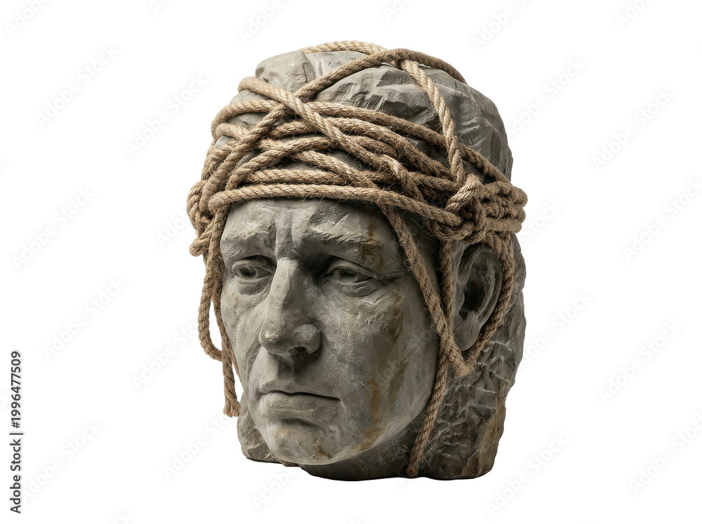 Obraz premium Weathered Stone Human Head Wrapped in Thick Rope, Surreal Concept Sculpture Isolated on Transparent Background 