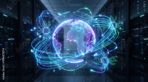 Centralized ai globe anchored in server grid