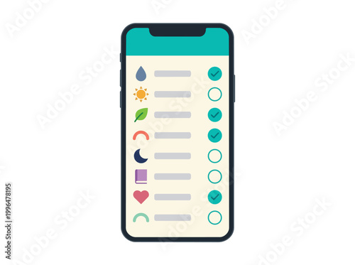 A smartphone displays a weather app with various icons on the screen indoors.