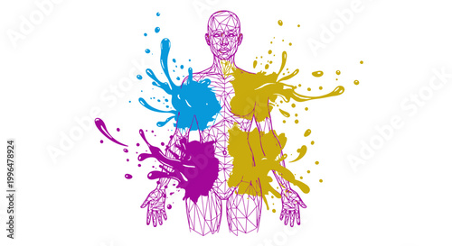 Colorful paint splashes on person.