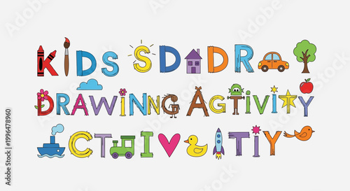 Kids Drawing Activity: Creative Fun for Children with Colorful Letters and Icons
