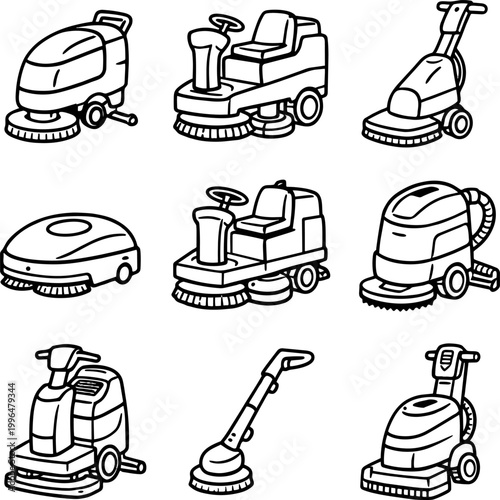 Set of eight different floor cleaning machines and scrubbers in a black line art
