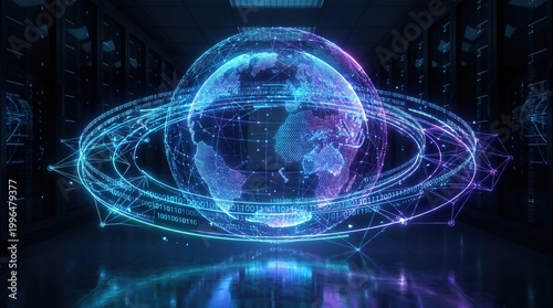 Holographic globe with orbiting data rings inside server room