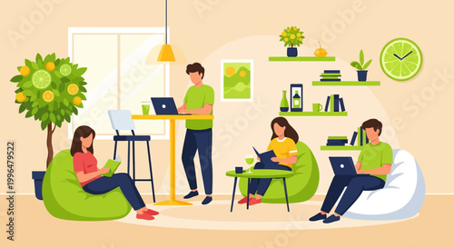 Diverse group of people working and studying together in a modern co-working space.