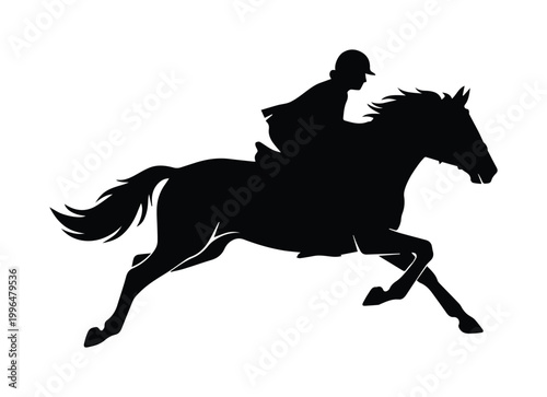 Equestrian horse rider silhouette, galloping stallion with jockey vector, black horse racing profile, competitive show jumping athlete icon