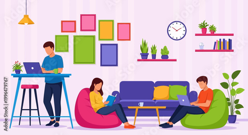 Diverse group of people working remotely in a modern co-working space.