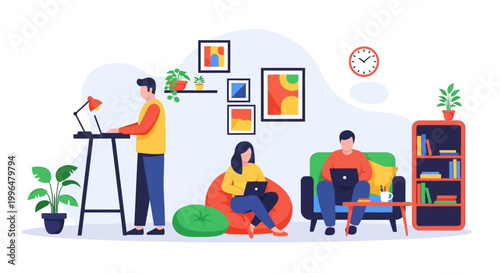 Diverse group of people working remotely on laptops.