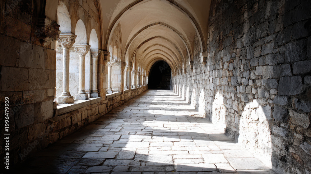 Obraz premium A historic archway corridor. The corridor has a vaulted ceiling and a stone wall