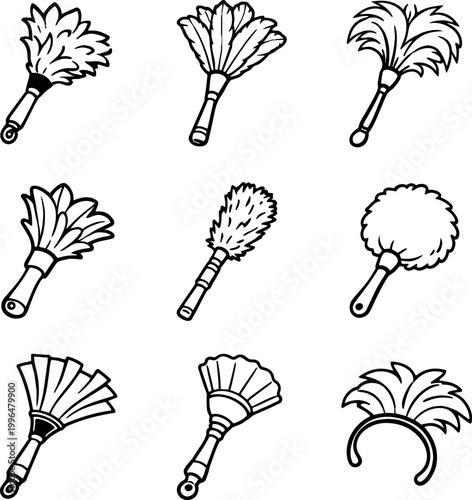 Set of nine different feather duster illustrations in black and white line art style