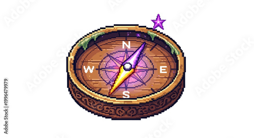 Fantasy Pixel Art Compass with Star Icon.