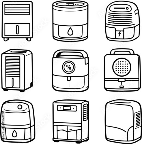 Set of eight different portable air conditioner and dehumidifier line illustrations
