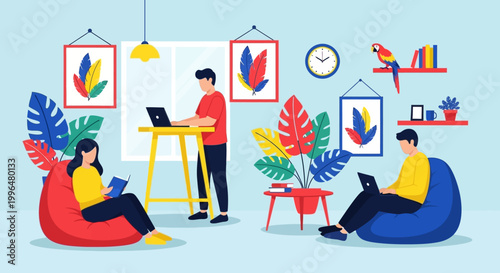 Diverse people working and relaxing in a modern office space.