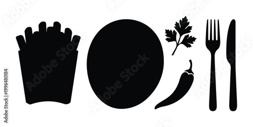 Minimalist food silhouette icons set, black fast food vector elements, french fries and chili pepper graphics, restaurant menu cutlery symbols
