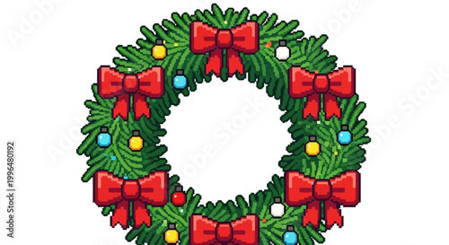 Festive Christmas Wreath with Red Bows and Ornaments.