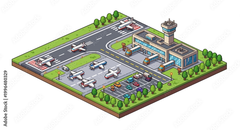 Obraz premium Isometric Airport Scene with Airplanes and Control Tower.