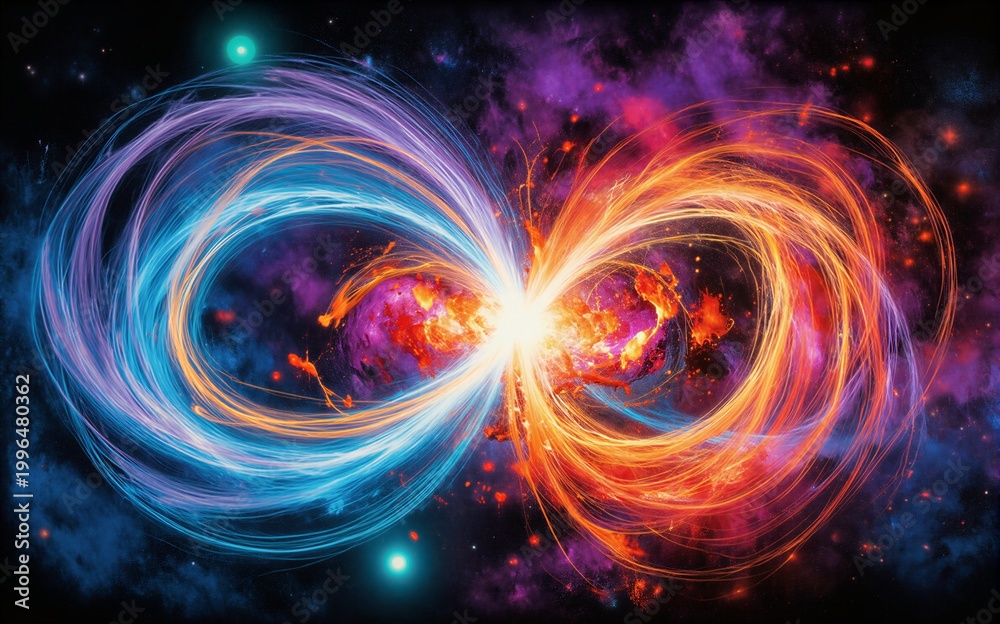 Fototapeta premium Cosmic dance of blue and orange energies swirling in infinite space.