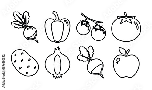 Minimalist vegetable line icons set, 8 black and white food vector illustrations, simple garden produce outline graphics for coloring and menus