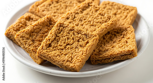 Stack of golden brown rectangular biscuits with textured surface, served on a white plate, close up shot