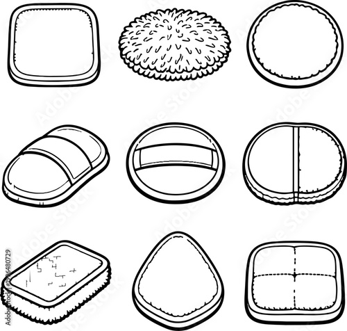 Set of various sponge shapes and designs in black and white line art illustration
