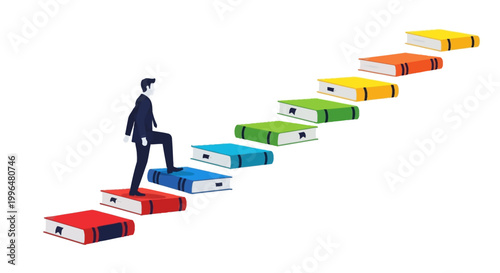Man climbing stairs made of books representing education and career growth.