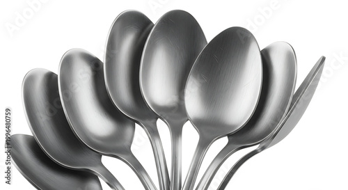 Stack of metallic spoons, kitchen utensils, cutlery group arranged in a fan shape, clean and reflective surface, isolated on white background