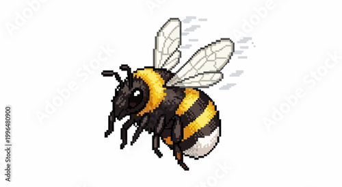 Detailed Pixel Art Bumblebee Flying Isolated White Background.