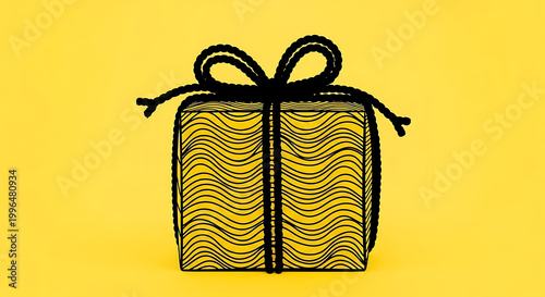 Simple line drawing of a gift box with a bow, isolated on a vibrant yellow background, holiday surprise concept