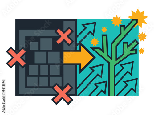 A graphic illustration shows a solar panel converting sunlight into energy on a sunny day with arrows indicating heat transfer and growth.
