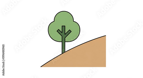 Simple stylized tree on a tan hill with green foliage, minimalist nature graphic, isolated outdoor element