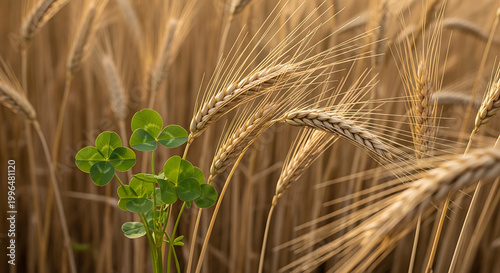 Single green clover plant with four leaves growing in a golden wheat field at sunset, symbolizing luck and abundance