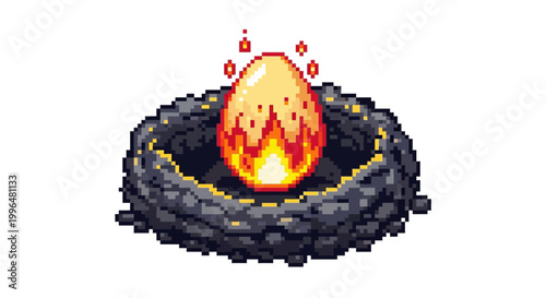 Fiery Pixel Art Egg in a Dark Nest.