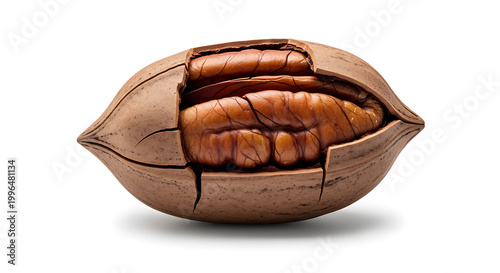 Single pecan nut cracked open showing kernels inside, isolated on white background, healthy snack and ingredient