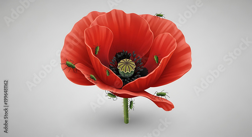 Single red poppy flower with green insects crawling on petals and stem, delicate detail and vibrant color on a light gray background
