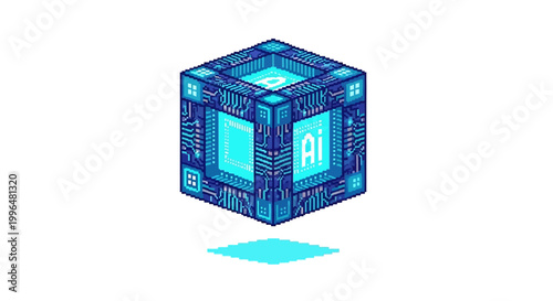 Futuristic AI Cube with Glowing Circuits and Data Streams.