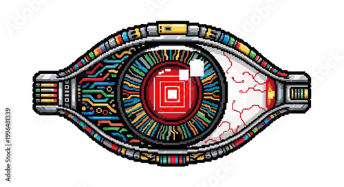 Futuristic Cybernetic Eye Symbol with Circuitry and Red Iris.