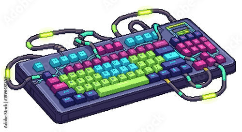 Futuristic Cyberpunk Keyboard with Neon Lights and Cables.