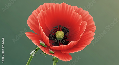 Single vibrant red poppy flower in bloom, delicate petals with dark center, small buds, isolated on a soft green gradient background, symbolic of remembrance, nature, summer beauty