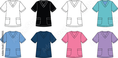 Medical Doctor and Nurse Shirt Clipart Set Outline Silhouette and Color Vector Illustration