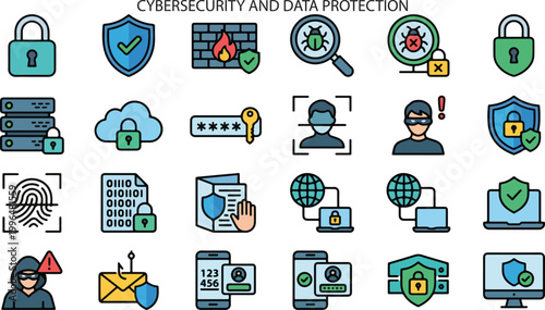 Cybersecurity and Data Protection, Icon Set, Illustration Doodle Cartoon Collection