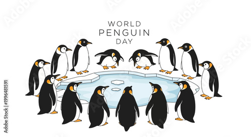 A charming penguin colony illustration celebrates World Penguin Day, presented in a clean, colorful vector design, surrounding an icy watering hole against a bright white background