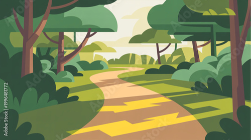 Cartoon forest landscape, green trees, winding dirt path, sunny scenery, illustration