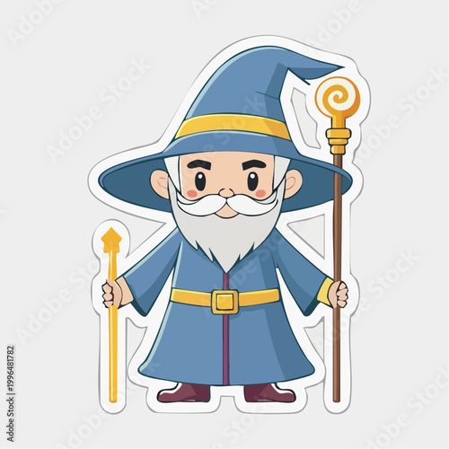 Cute Cartoon Wizard Holding Magical Staffs