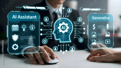 AI agent, holographic robot assistant concept, digital interface showing generative AI functions for digital business productivity, AI agent work with holographic robot interface and assistant tools