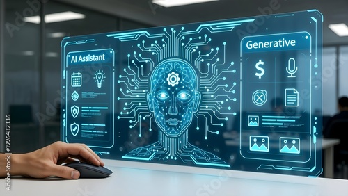 AI agent, holographic robot assistant concept, digital interface showing generative AI functions for digital business productivity, AI agent work with holographic robot interface and assistant tools