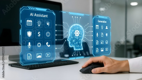 AI agent, holographic robot assistant concept, digital interface showing generative AI functions for digital business productivity, AI agent work with holographic robot interface and assistant tools
