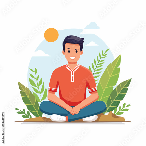 Man Meditating Outdoors Surrounded by Lush Greenery