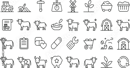 Cattle farm line icons set with thin 1.5px stroke vector including cow calf milking barn veterinary agriculture farming outline pack