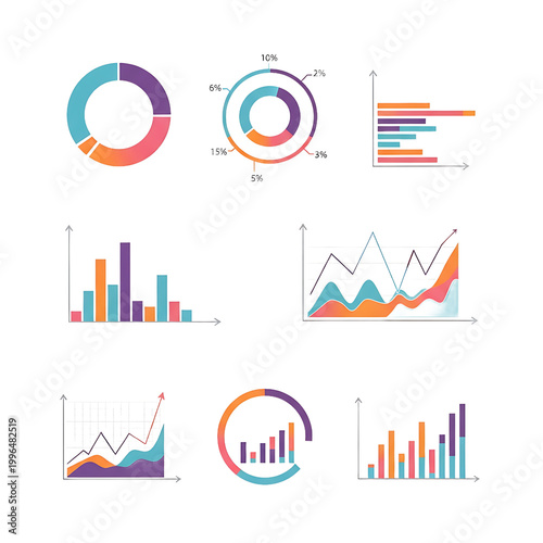 Colorful business data charts and graphs.